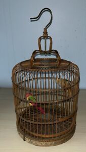 Vintage Chinese Decorative Bamboo Hanging Bird Cage with 2 Decorative Parakeets