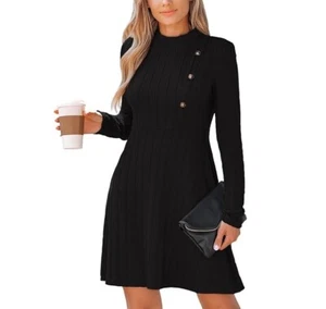 CUPSHE Women's Mini Dress Round Neck Long Sleeve Textured Button Design Knitted - Picture 1 of 5