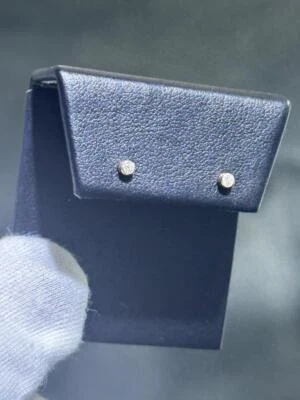 14k White Gold Round Cut Bezel Halo Design Simple Stud Earrings Gift - Image 1 of 4