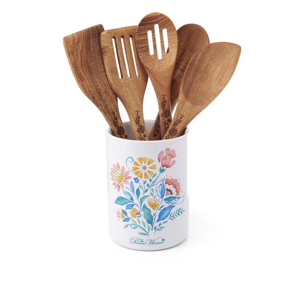 The Pioneer Woman Stoneware Utensil Crock With 5 Wood Tools Sweet Rose