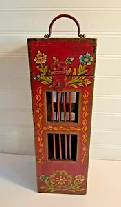 Wine Bottle Carrier Wood Box Red Bird Cage Holds 1 Bottle Floral Painted 14" - Picture 1 of 23