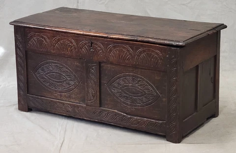 Antique 1800s English Carved Oak Coffer Storage Trunk / Coffer Cover
