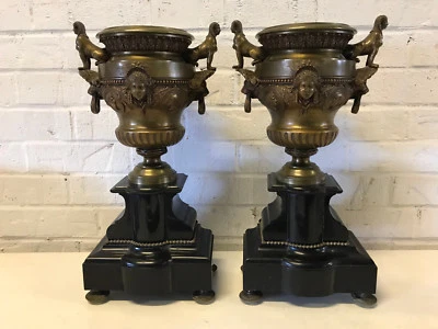 Antique 19th Cent. Egyptian Revival Pair of Bronze Slate / Marble Garniture Urns - Image 1 of 4