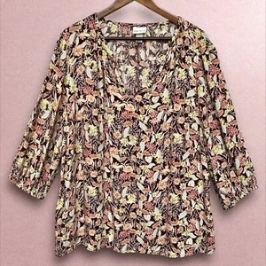 AVA & VIV Top Women Size 1X Multicolor Floral V Neck 100% Rayon 3/4 Sleeve - Picture 1 of 11