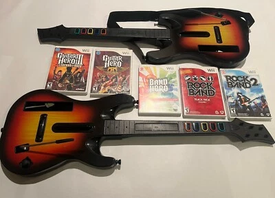 Nintendo Wii Guitar Hero  Guitar 2 Controllers Bundle Lot of 5 Games Rock Band - Image 1 of 4