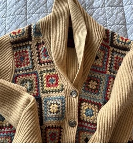 8 RARE RALPH LAUREN Hand Knit Patchwork Crochet Lambs Wool Cardigan S - Picture 1 of 9