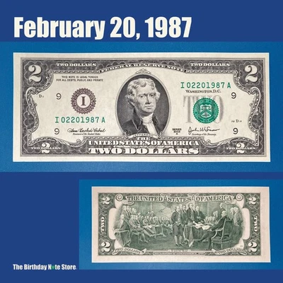 February 20, 1987 Birthday Anniversary $2 Two Dollar Bill Serial Number 02201987 - Image 1 of 2