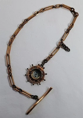 Vintage Pocket Watch Chain with Ships Wheel Directional Compass Fob Antique - Image 1 of 4