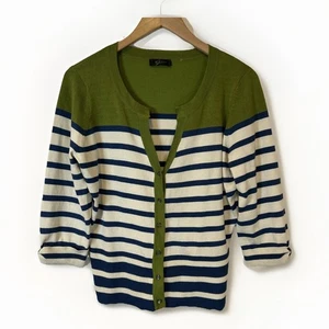 Eyn Womens Sweater L Olive Green Stripes Button Up Cardigan Rayon Blend Career - Picture 1 of 8