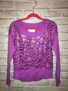 JUSTICE GIRLS 8 PURPLE ZEBRA PRINT SWEATER SEQUINS SPARKLY THREAD HI LOW HEM - Picture 1 of 3