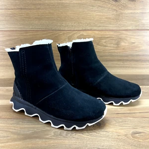 Sorel Womens Boots Size 7.5 Kinetic Black Suede Short Ankle Faux Fur Lined Zip - Picture 1 of 11