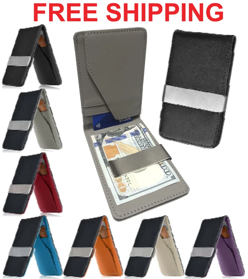 Cartera delgada para hombre clip para dinero cuero PU bloqueo RFID doble pliegue soporte para tarjeta de crédito Foto 1 de 1