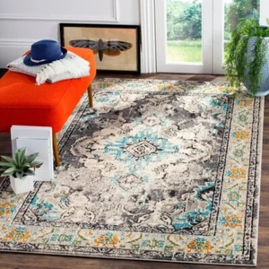 9x12 Rug Boho Area Vintage Style Carpet Grey Blue Decor Oriental Floral Retro - Picture 1 of 3