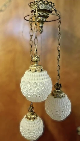Vintage Pendant 3 Light HOLLYWOOD Regency Chandelier Fixture BUBBLE Globes Cover