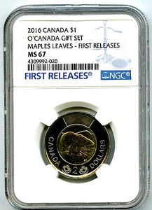 2016 O CANADA $2 POLAR BEAR TOONIE NGC MS67 ERROR LABELED AS $1 AND MAPLE LEAVES - Picture 1 of 2