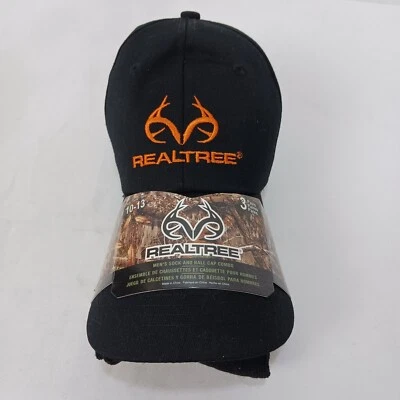 REALTREE MENS BALL CAP HAT & 3 PK CREW SOCKS SIZE 10-13 SET BLACK ORANGE NWT - Image 1 of 4