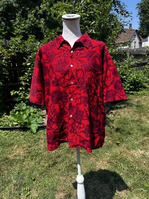 VTG 60s KOI-KANE bold red Hawaiian black floral print Button Up Shirt Xl - Image 1 of 4