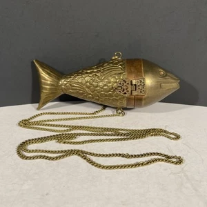 Vintage Brass & Copper Fish Purse Purple Velvet Lining Chain Strap Unique Find - Picture 1 of 10