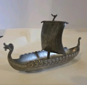 Vtg Pewter Viking Ship Souvenir Metal Long Boat Model Norway Scandinavia Sweden - Picture 1 of 19