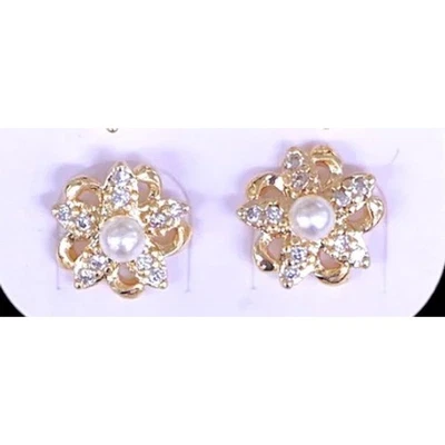 Laminated Gold Flower Earrings Pearl Rhinestone StudsFloral Jewelry Women's Gift - Image 1 of 2
