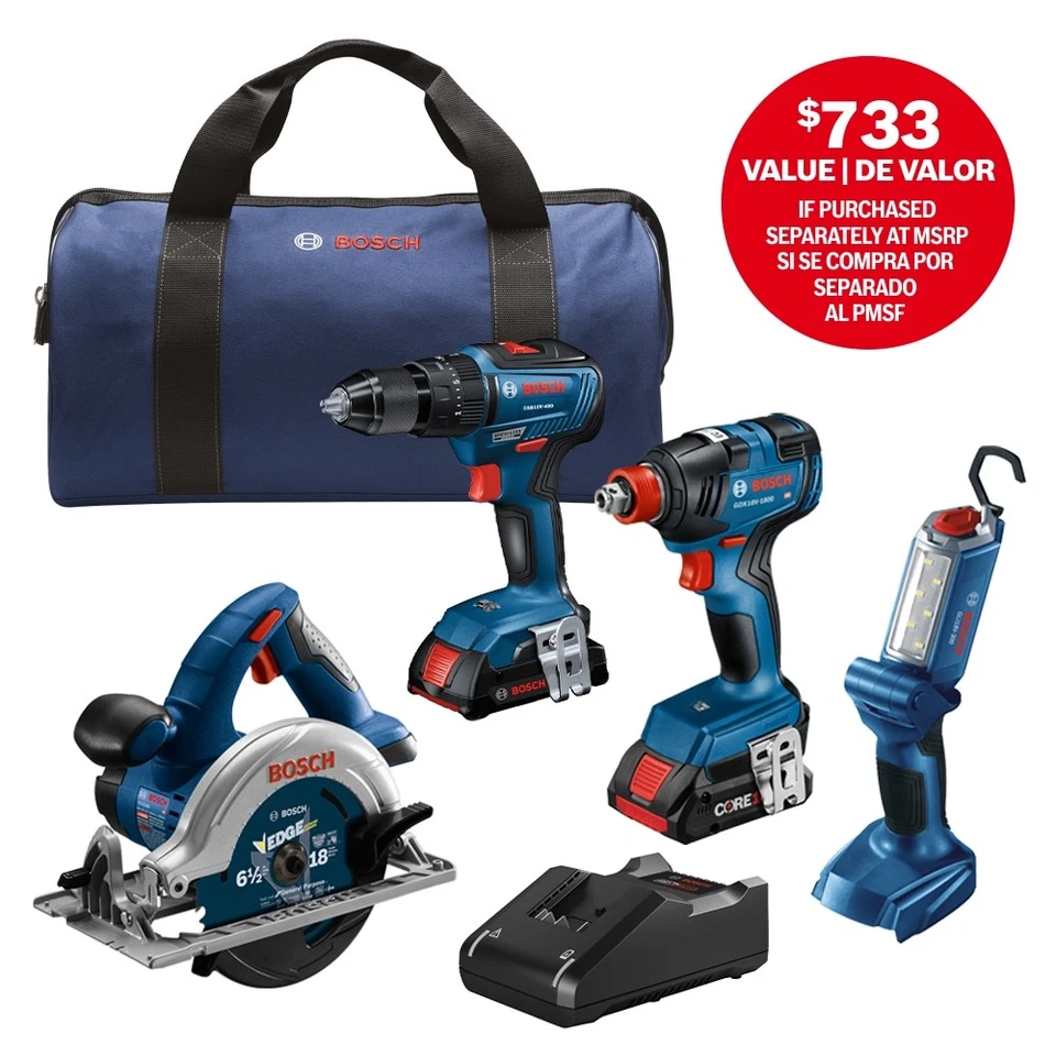 NEW Bosch 18V 4-Tool Brushless GXL18V-497B23 HammerDrill/Impact Driver/Saw/Light - Image 1 of 1