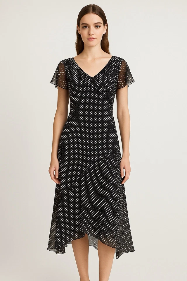 Vestido midi de gasa de seda Adrianna Papell negro a lunares asimétrico Gatsby 12 de colección Foto 1 de 4