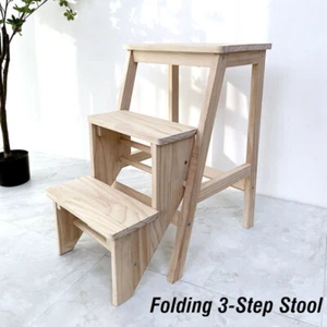 3-Step Folding Wooden Step Stool Portable Kids Adults Stool Ladder Home Stool - Picture 1 of 14