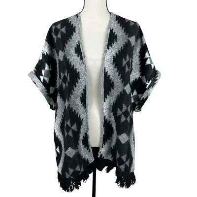 American Eagle Aztec Kimono Cardigan L/XL Black Gray Knit Open Front Fringe Hem - Image 1 of 4