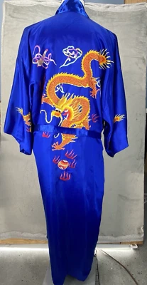 Kimono vintage Golden Dragon XL bordado à mão roupão de seda pura dinheiro antigo - Imagem 1 de 4