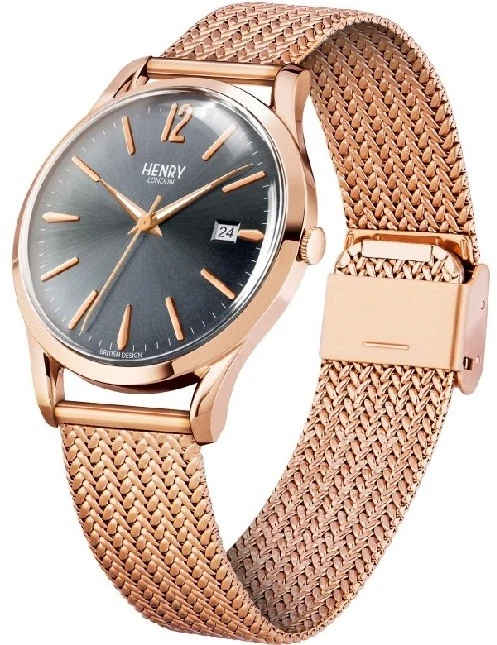 Henry London HL39-M-0118 relógio masculino mostrador cinza data tom ouro rosa pulseira de malha - Imagem 1 de 1