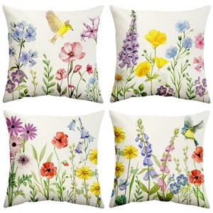 Spring Decorations Colorful Flowers Throw Pillow Covers Gift 4PCS 18"x18" - Picture 1 of 12