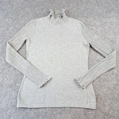 CeCe 毛衣女式小号灰色荷叶边模拟领罗纹袖套衫针织上衣 — 第 1/4 张图片