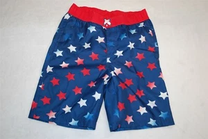 Boys Swim Trunks BOARD SHORTS Lined NAVY w/ RED WHITE BLUE STARS Pockets M 8-10 - Picture 1 of 2