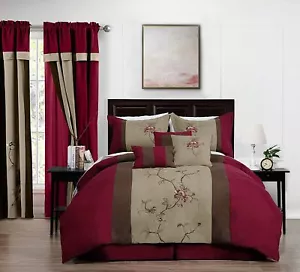 7-Piece Burgundy Brown Taupe Bedding Set Embroidered Floral Comforter Set - Picture 1 of 9