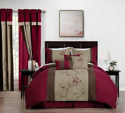 7-Piece Burgundy Brown Taupe Bedding Set Embroidered Floral Comforter Set - Image 1 of 4