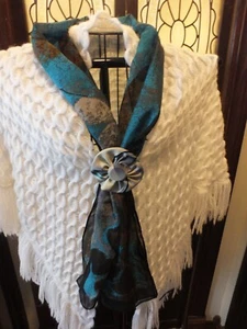 Upcycled Scarf Necklace Handmade Removeable Flower Pin Turquoise Black Brown Gra - Picture 1 of 2