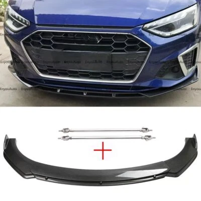 For Audi A3 A4 A5 A6 Carbon Fiber Front Bumper Lip Spoiler Splitter + Strut Rods - Image 1 of 4