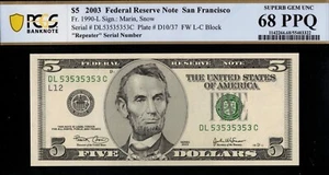 2003 $5 FRN DL53535353C P.C.G.S #68PPQ - Picture 1 of 3