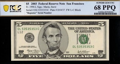 2003 $5 FRN DL53535353C P.C.G.S #68PPQ - Image 1 of 3