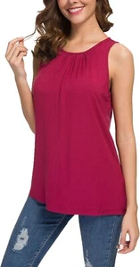 TASAMO Women's Summer Sleeveless Pleated Back Closure Casual Tank Tops, Wine M - Picture 1 of 3