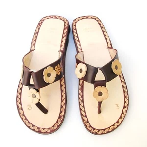 Handmade Brown floral thong leather sandals : US sizes 5-10 - Picture 1 of 17