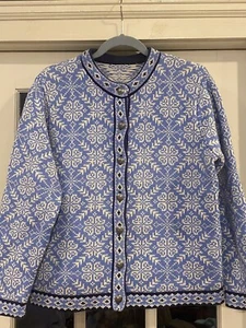 LL Bean Cardigan Sweater Blue Norwegian Fair Isle Cotton Snowflake Nordic Sz L - Picture 1 of 6