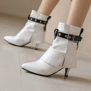 Womens Pointed Toe Buckle Straps Mid Kitten Heel Ankle Boots Shoes Plus Size - Picture 1 of 21