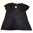 August Silk Women Top L Black Crochet Lace V-Neck Short Sleeve Cinched Waist NWT