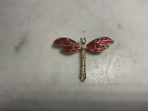 Vintage Red Rhinestone Gold Tone Dragon Fly Brooch Pin - Picture 1 of 5