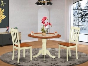 3pc dinette round pedestal kitchen drop-leaf table + 2 chairs buttermilk cherry - Picture 1 of 12