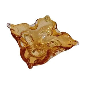 MCM Hand Blown Amber Folded Art Glass Ashtray Heavy, Centerpiece, Catch all - Picture 1 of 7