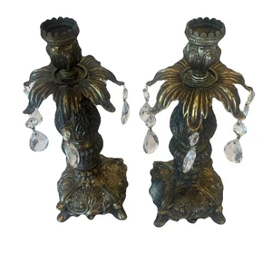 Vintage Brass & Crystal Baroque Style French Candlesticks Pair - Picture 1 of 8