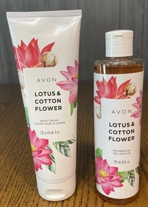 (Lot Of 2) Avon Lotus & Cotton Flower Body Cream 8oz  & Shower Gel 10oz NOS - Picture 1 of 4