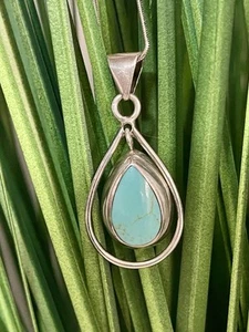 925 Sterling Silver Turquoise Pendant Teardrop Mexico Marked - Picture 1 of 5